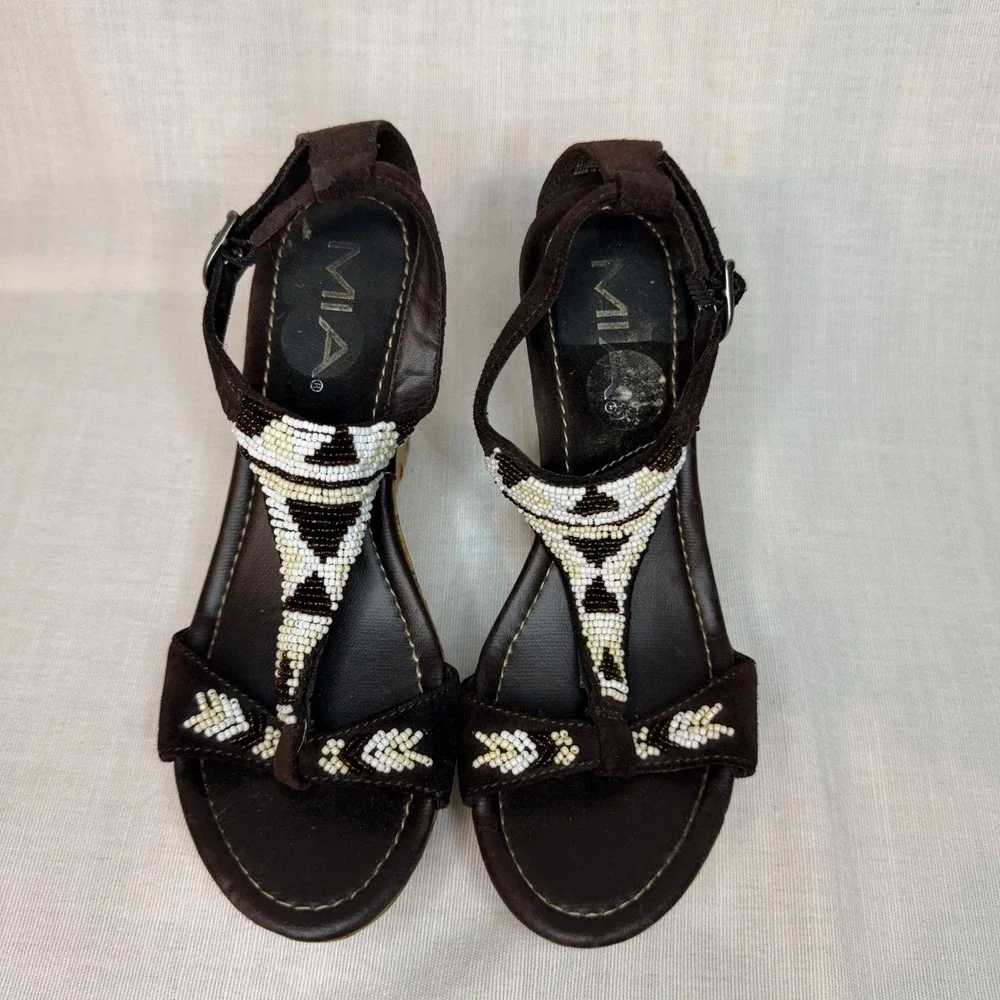 Vintage Y2K 90's MIA Suri Brown Suede Beaded Cork Wedge Platform Sandals 5M Boho